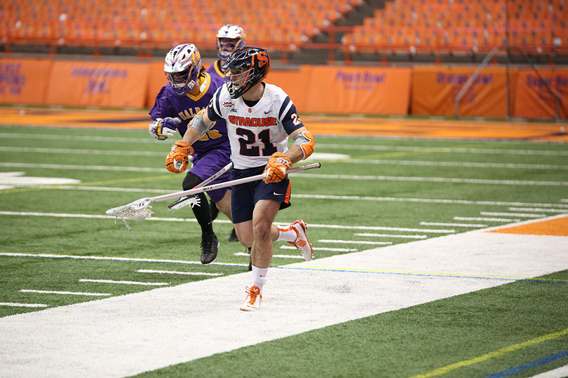 Freshman defender Nick Mellen carries the ball down the field. He locked down Albany attack Connor Fields and limited him to no goals and two assists.