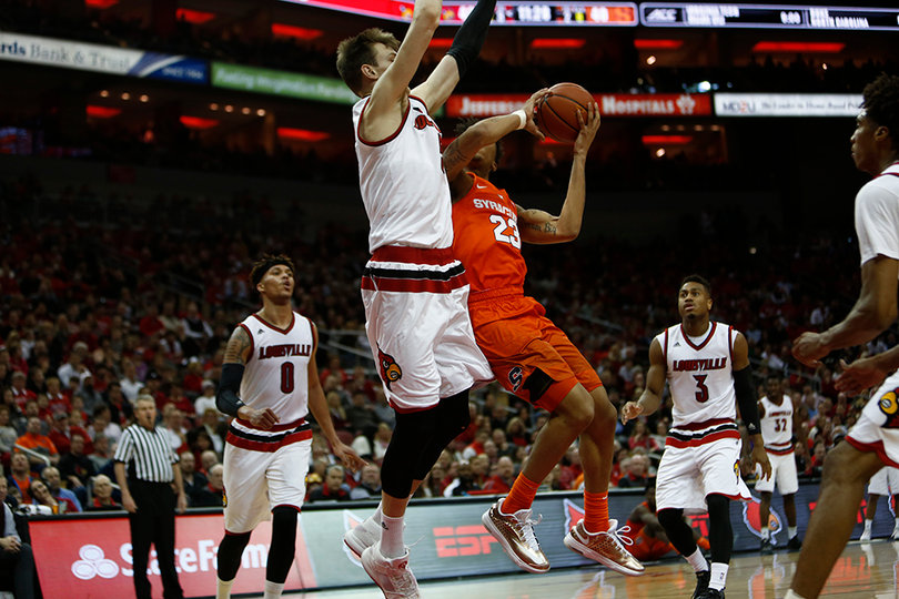 Richardson drives the paint and attempts a contested layup. Louisville outscored SU 50-20 in the paint.