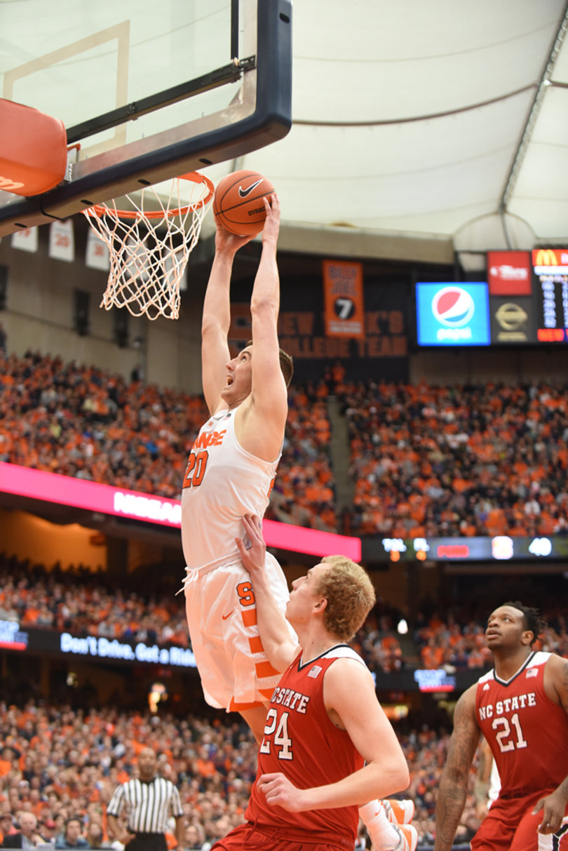 Lydon leaps for a dunk against the Wolfpack Saturday. The forward made 4-of-4 shots from the floor, but made just 1-of-7 shots from 3. 