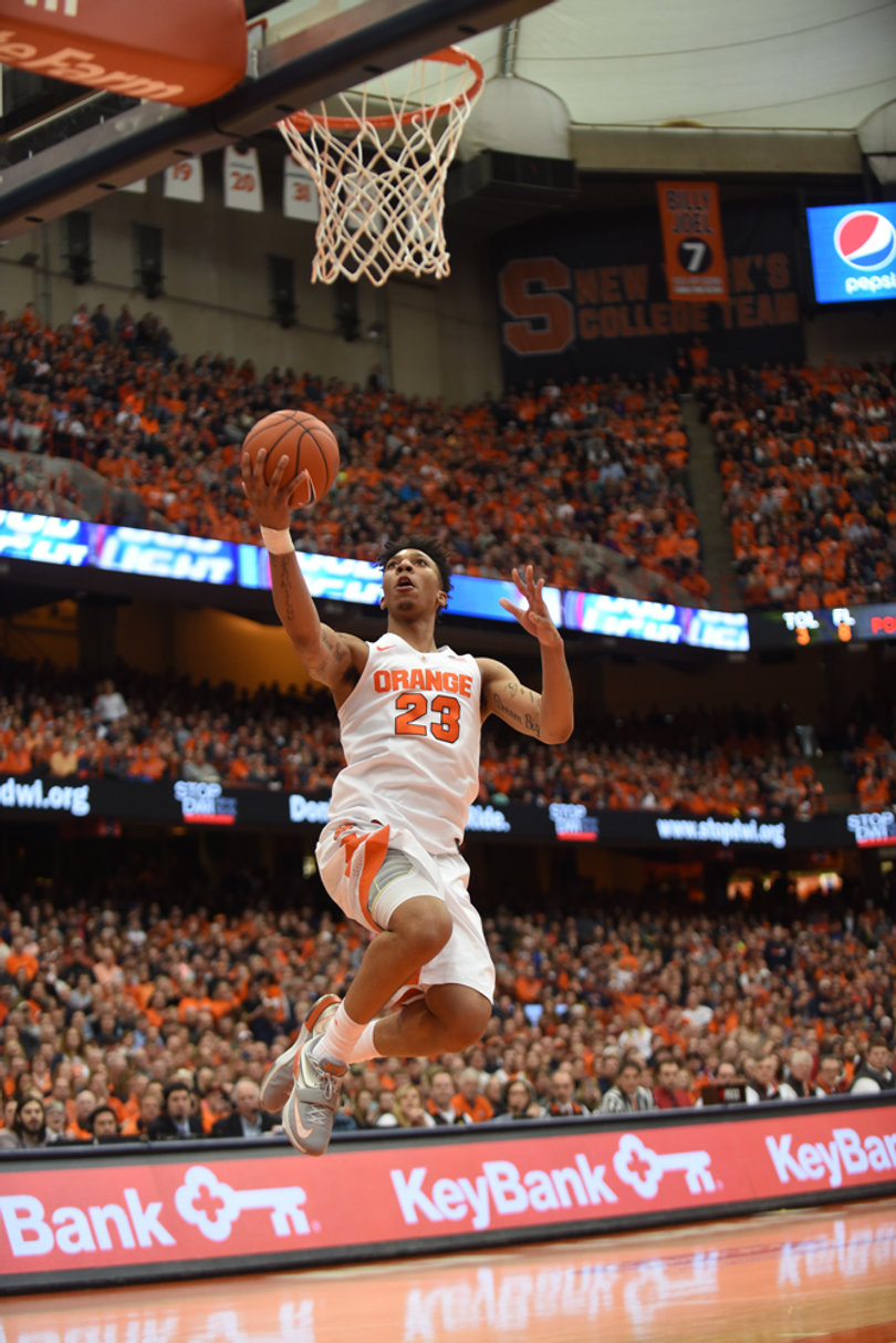 Richardson drives to the bucket against North Carolina State. The Syracuse guard scored 13 points and assisted on seven other baskets. 