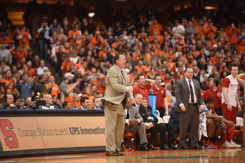 N.C. State head coach Mark Gottfried yells from the sideline. The Wolfpack dropped to 4-12 in conference play with the 75-66 loss to the Orange. 