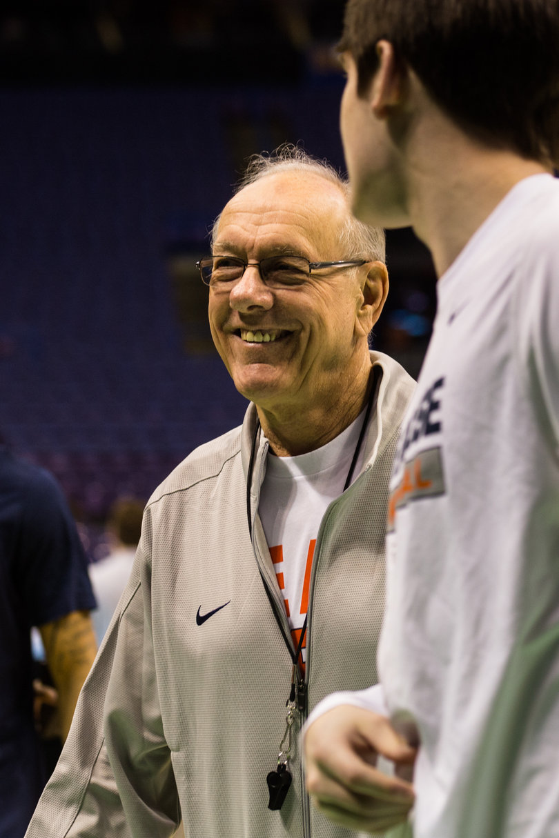 Boeheim cracks a wide smile the day before his team open's its NCAA Tournament against seventh-seeded Dayton.