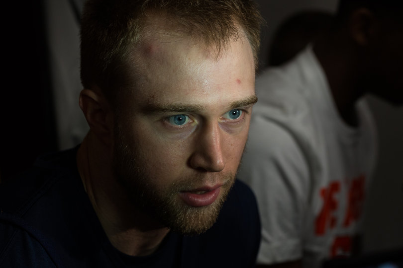 Trevor Cooney talks with the media in the SU locker room. The Orange are getting set to face Middle Tennessee on Sunday at 6:10 p.m. 