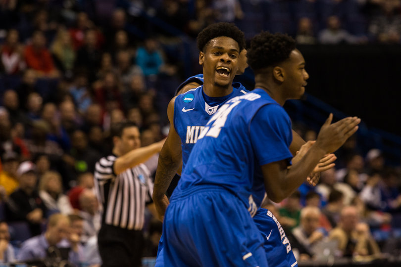 Middle Tennessee State's Quavion Copeland claps during the first half.