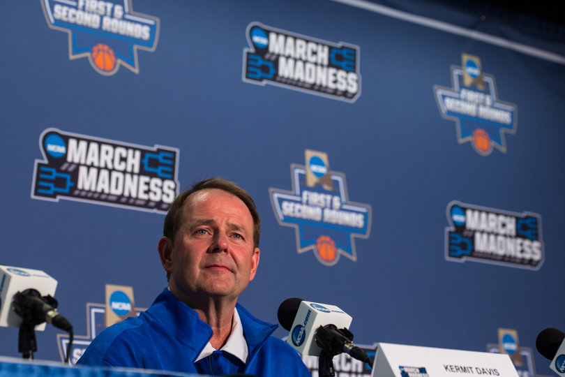 MTSU head coach Kermit Davis speaks with the media in St. Louis on Saturday. His team beat legendary head coach Tom Izzo on Friday at the Scottrade Center.