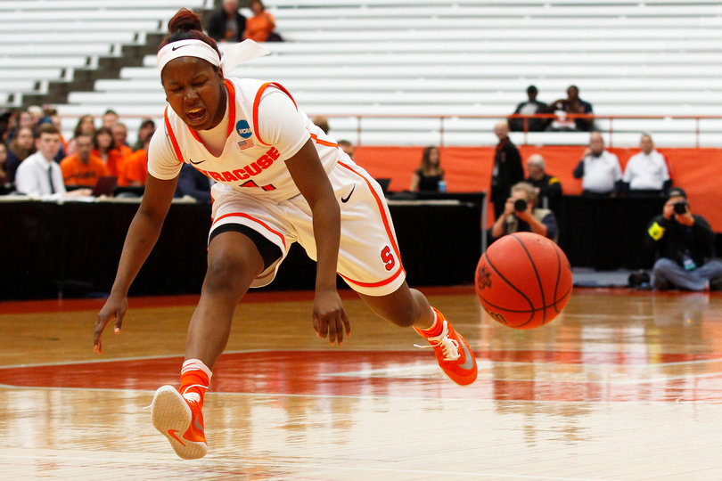 Point guard Alexis Peterson loses control of the ball. She's led SU all season and scored 22 points for the Orange on Sunday. 