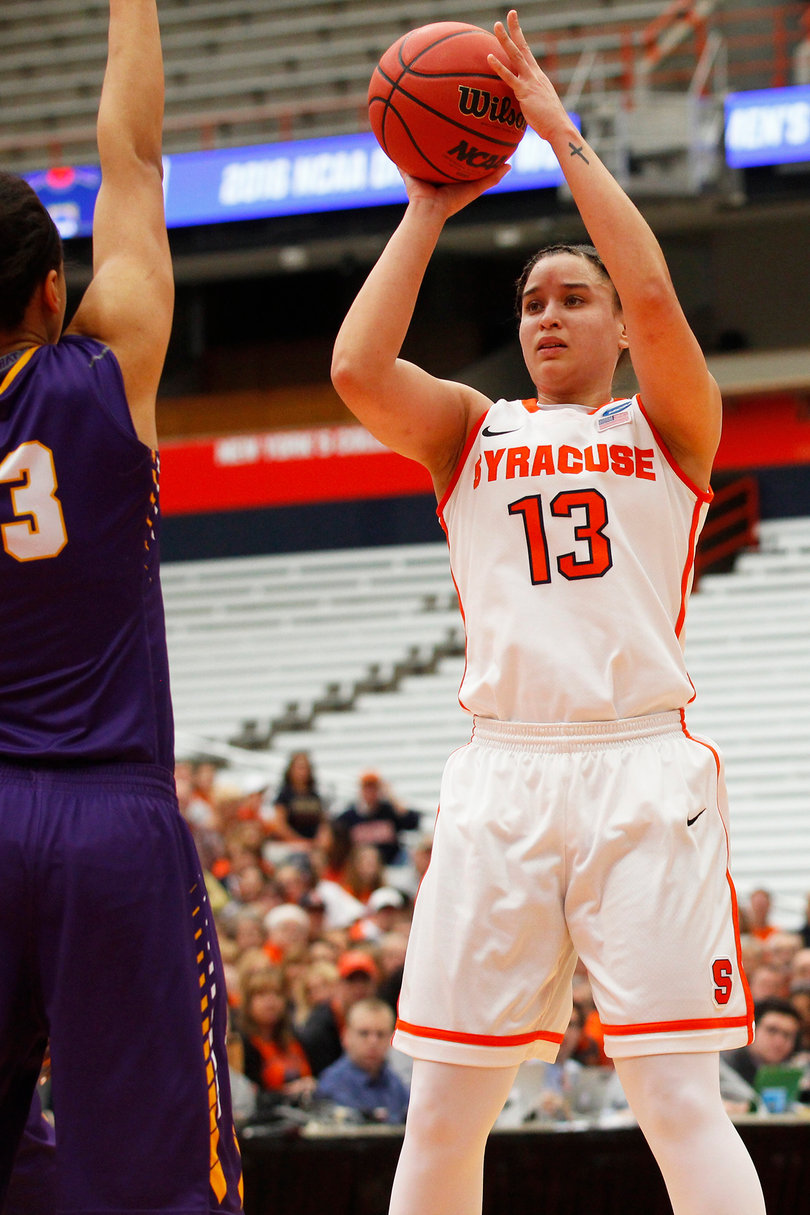 Brianna Butler shoots with a defender in her face. Butler shot just 2-of-11 from the field and 2-of-8 from 3. 