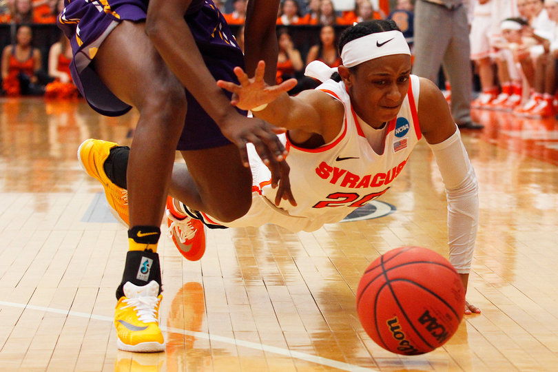 Brittney Sykes dives for a loose ball during Syracuse's Round of 32 matchup in the NCAA tournament. SU locked up its first Sweet 16 bid in program history. 