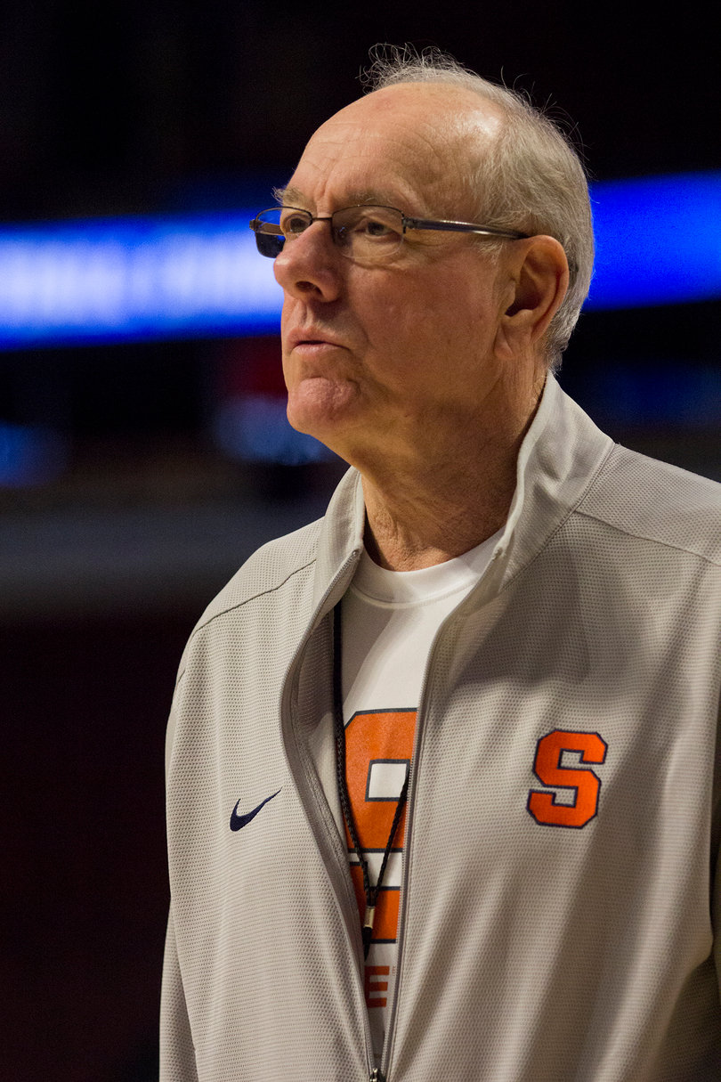 Jim Boeheim watches his team practice. He was in good spirits during his press conference. 