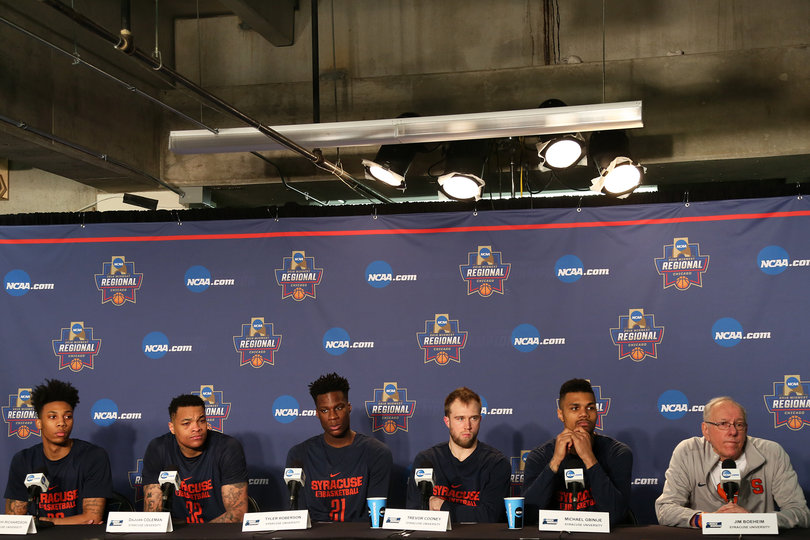 From left to right: Richardson, Coleman, Roberson, Cooney and Gbinije  took questions from media on Saturday. Tomorrow they will start in the Elite Eight against UVA.  