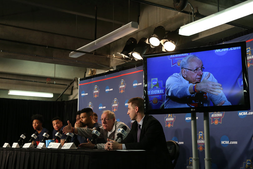 Jim Boeheim and Syracuse's five starters take questions. Boeheim will be coaching in his seventh Elite Eight with Syracuse on Sunday. 