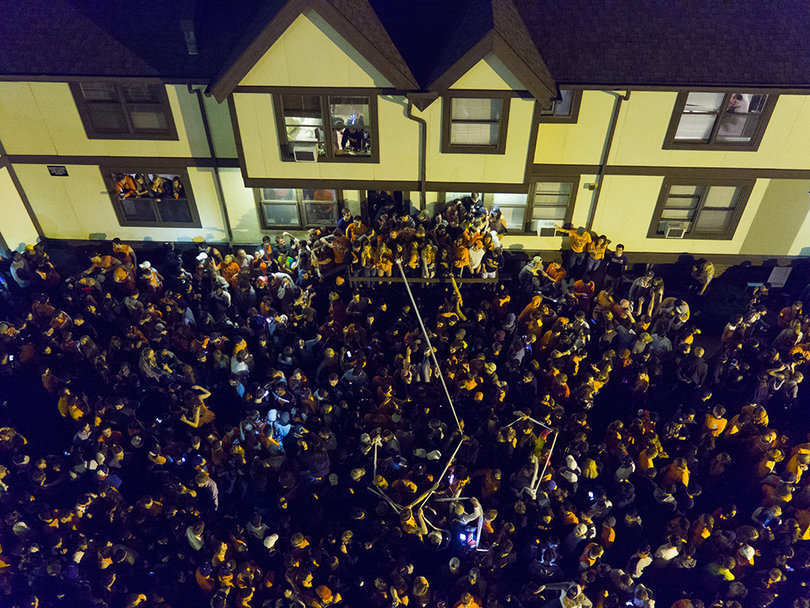 Students partied on at Castle Court after the men's basketball team punched its ticket to Houston.