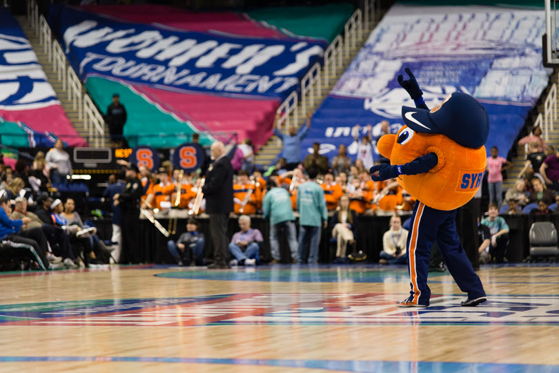 Otto the Orange pumps up the crowd at the Greensboro Coliseum.