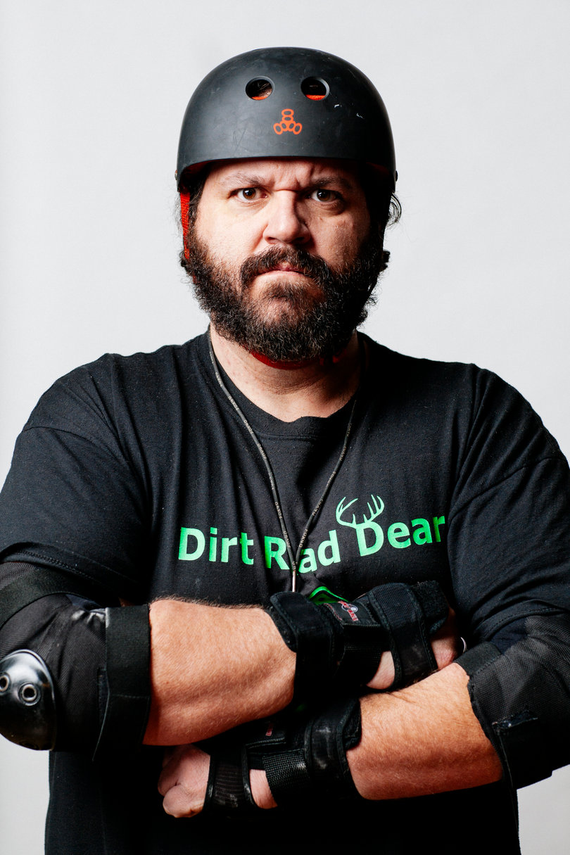Johnny Napalm acts as a roller derby referee and helps out at training sessions.
