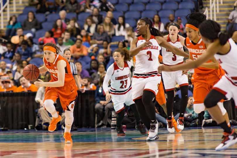 Maggie Morrison runs down the court with several Louisville defenders giving chase. She had three steals in the game.