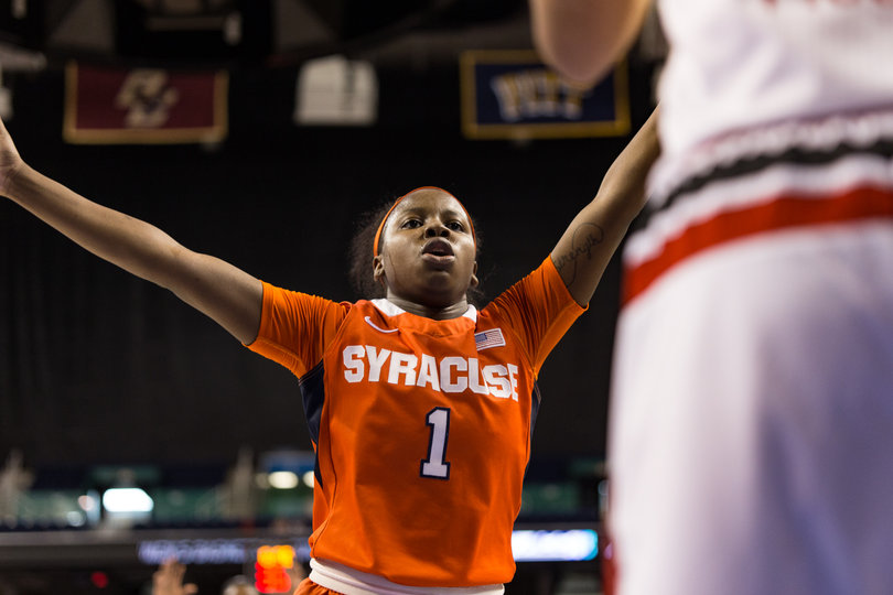 Peterson defends an inbound pass. She scored half of her points in the first quarter.