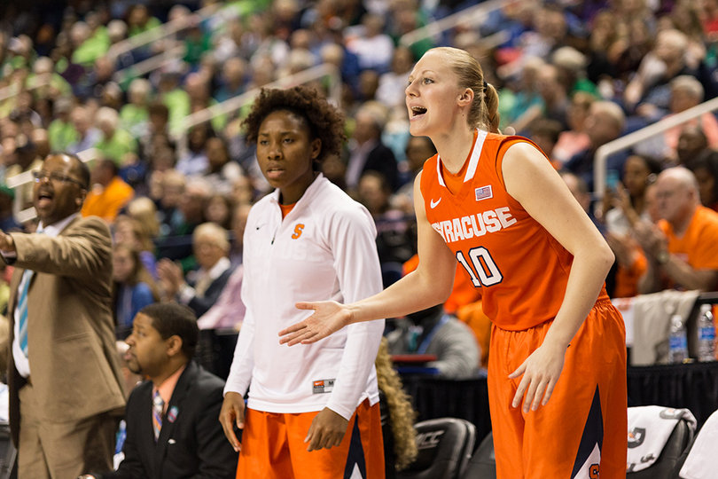 Syracuse starter Isabella Slim stands in animated fashion on the sideline in the Orange's ACC championship game against the Fighting Irish.