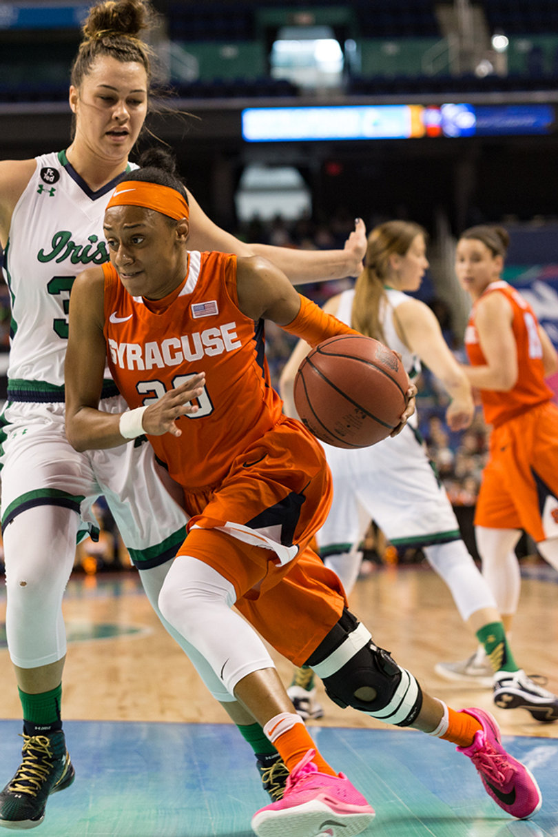 Brittney Sykes drives through the paint against a Notre Dame defender in the ACC tournament championship on Sunday.