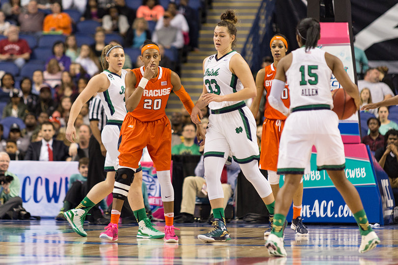 Notre Dame's Lindsay Allen surveys her options, holding the ball at the top of the key with Sykes in her direct sightline.