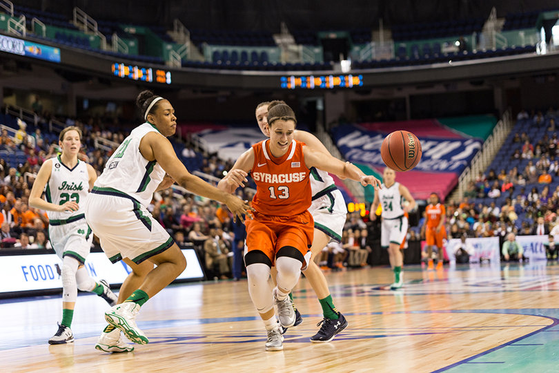 Brianna Butler chases after the ball through a pair of Notre Dame defenders in the ACC tournament championship against the Fighting Irish.