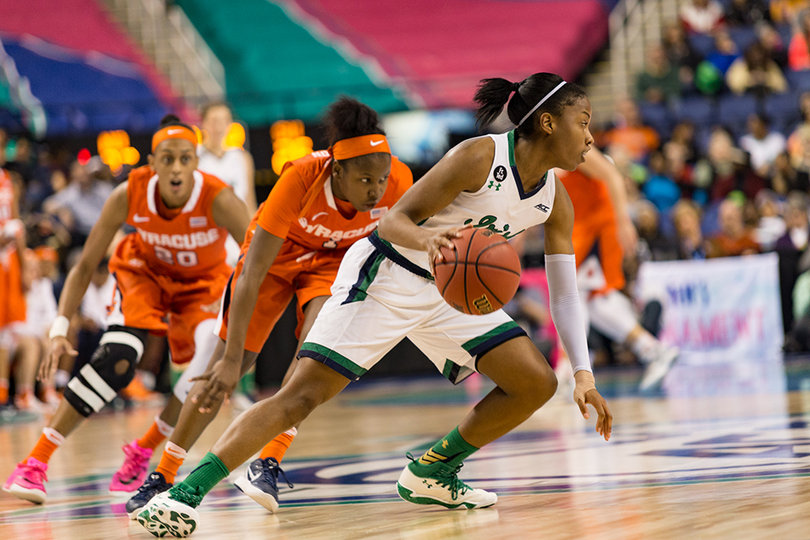 Sykes (left) and Syracuse point guard Alexis Peterson (middle) look onward as Allen pivots to her right with the basketball.