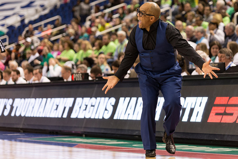 Hillsman spreads his arms and pleads from the Syracuse sideline during the ACC tournament championship in the Greensboro Coliseum. 