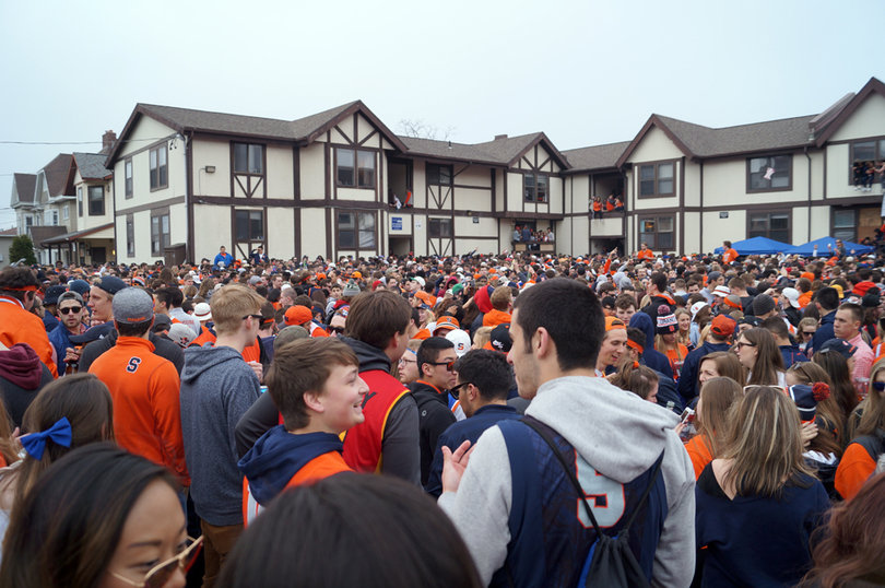 Syracuse University students party at Castle Court on Saturday before the Final Four.