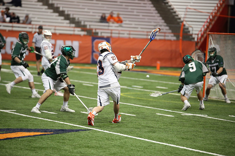 Syracuse's leading goal-scorer Nick Mariano unleashes a lefty sidearm shot. He finished with a game-high four goals.