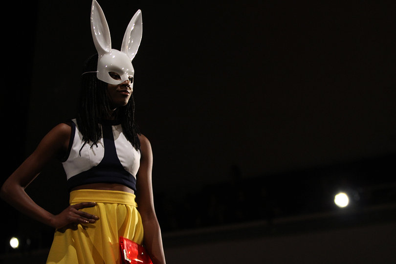 This outfit from Alexandra Barerro's collection featured an unconventional accessory: this rabbit mask.