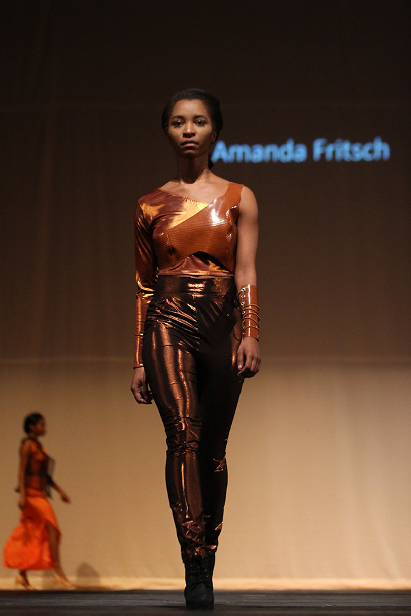 Amanda Fritsch designed this bronze outfit with an extra-metallic bottom.