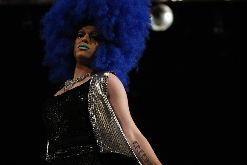 Ashley Bloom's collection featured drag models, like this one dressed in sparkles and metallics.