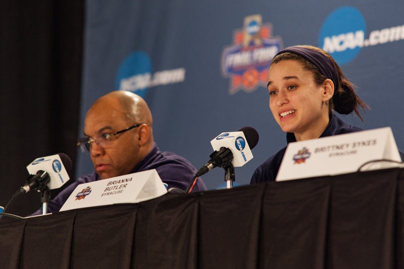 Brianna Butler smiles while answering a question during Syracuse's press conference.