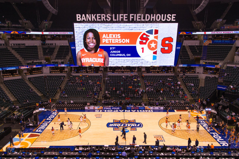 Alexis Peterson is featured on the jumbotron at Bankers Life Fieldhouse — the home of the NBA's Indiana Pacers.
