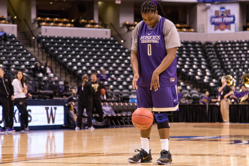 Chantel Osahor dribbles the ball before a foul shot. She has an unorthodox shot where she doesn't leave her feet.