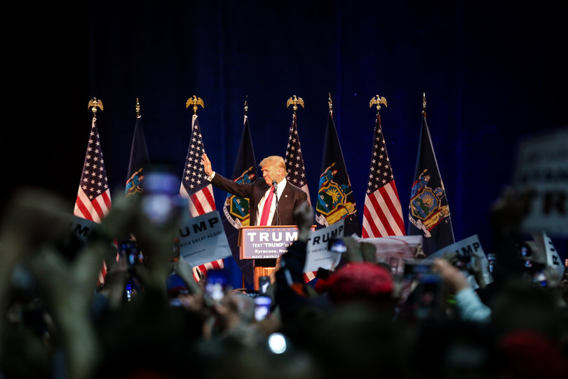 Trump is leading in the polls leading up to New York's primary on Tuesday. On Saturday, he talked about how American would win in many areas, such as jobs, with the military and with trade, under his leadership.