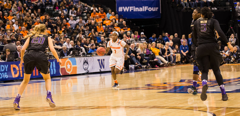 Point guard Alexis Peterson brings the ball up the court for the Orange. She led the way with six assists. 