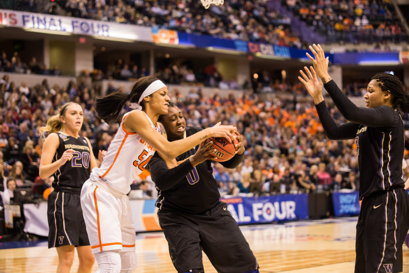 Briana Day fights for a loose ball. Her 15 rebounds tied a season high