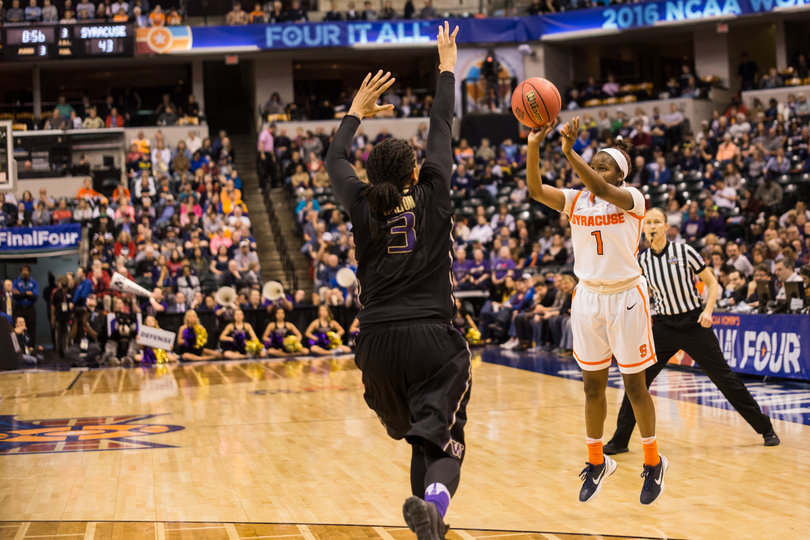 Peterson loads up and shoots a jump shot. She led the Orange in scoring with 18.