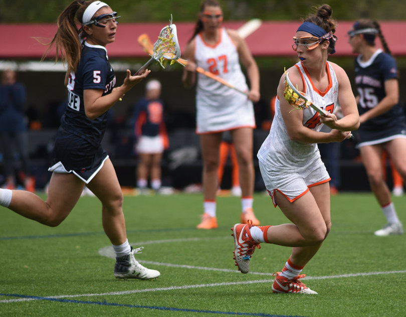 Riley Donahue turns around as she cradles around Stony Brook's Jessica Volpe. Donahue took two shots and grabbed a groundball for Syracuse. 
