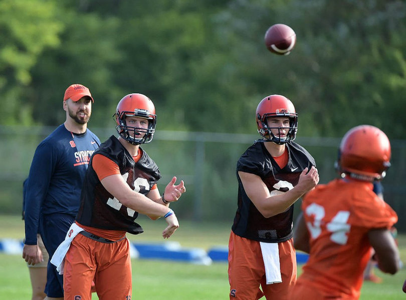 Mahoney (left) and Dungey take snaps as quarterbacks coach and co-offensive coordinator Sean Lewis watches.