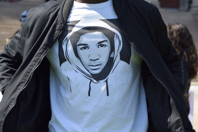 A student at the march on Saturday wore a T-shirt with an illustration of Trayvon Martin.