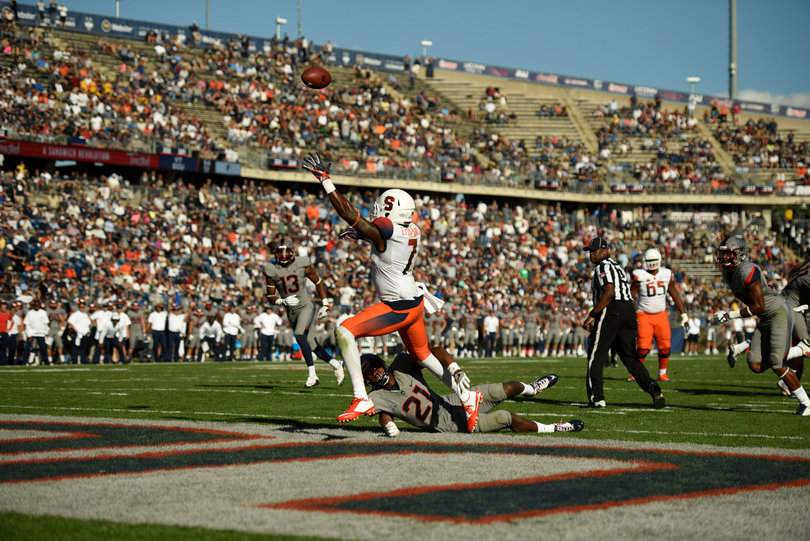 Etta-Tawo reaches for a deep ball in the end zone. He caught two touchdown passes.