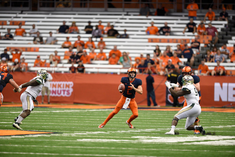 SU quarterback Eric Dungey surveys the field while prepping to pass.