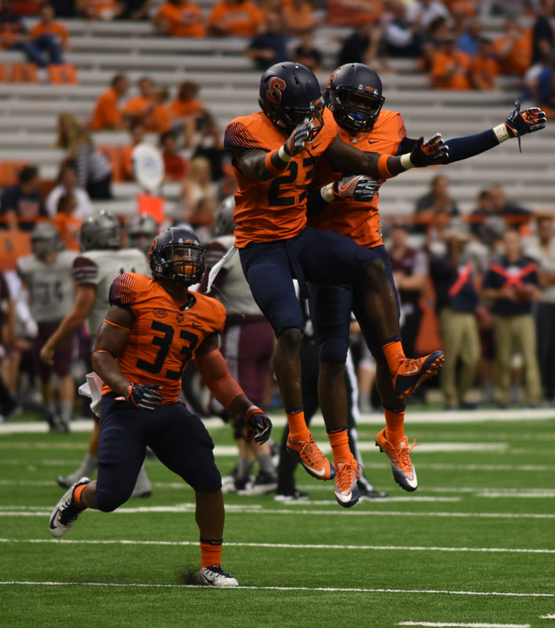 Linebacker Jonathan Thomas (23) celebrates a big play on defense.  