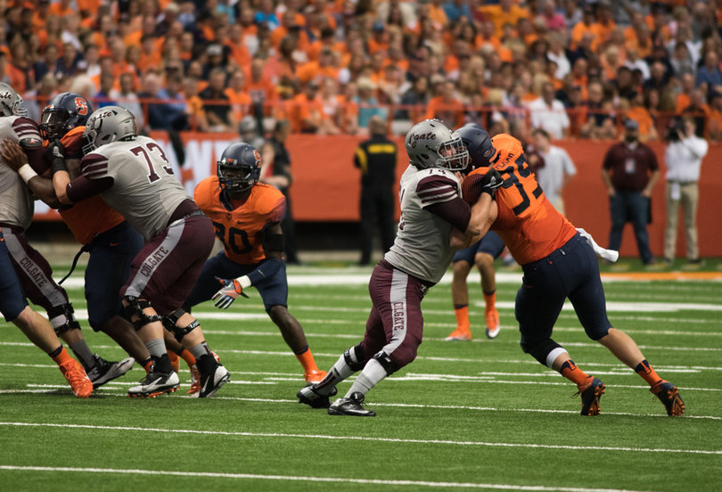 Defensive end Jake Pickard works against the Colgate offensive line. 