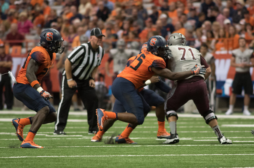 Kendall Coleman works on the Colgate offensive line. The Orange allowed just seven points on the day. 
