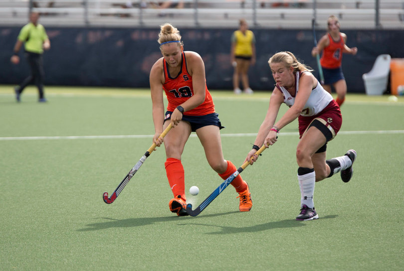 Katie Supey tries to maintain possession of a ball that ended up between her legs. 