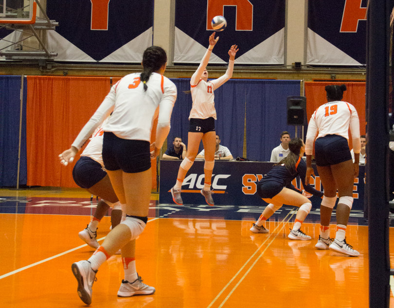 Weaver gets under the ball and sets up to hit it. Syracuse had 41 assists compared to BC's 30.