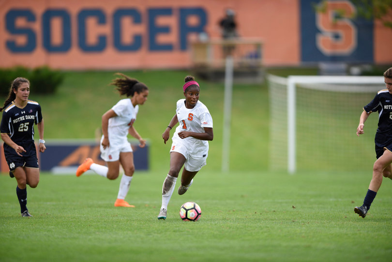 Orange forward Sheridan Street dribbles the ball up the field. Notre Dame frustrated Syracuse's offense throughout the game.
