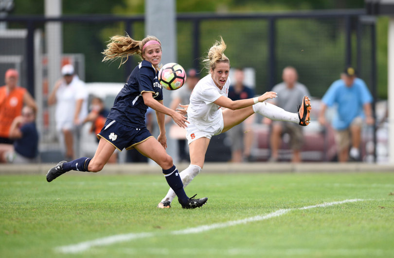 SU's Eva Gordon tries to play a ball out of the air. Gordon scored Syracuse's only goal.